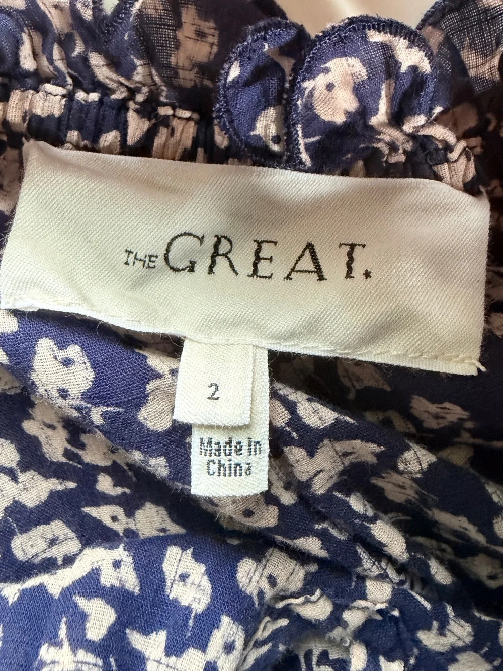 THE GREAT The Song Ruffle Front Tassel Tie Top Size 2 US Medium Navy Blue /Tan